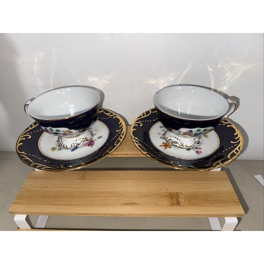 Cobalt Blue and Gold Floral VTG Tea cup and Saucer Set Of 2